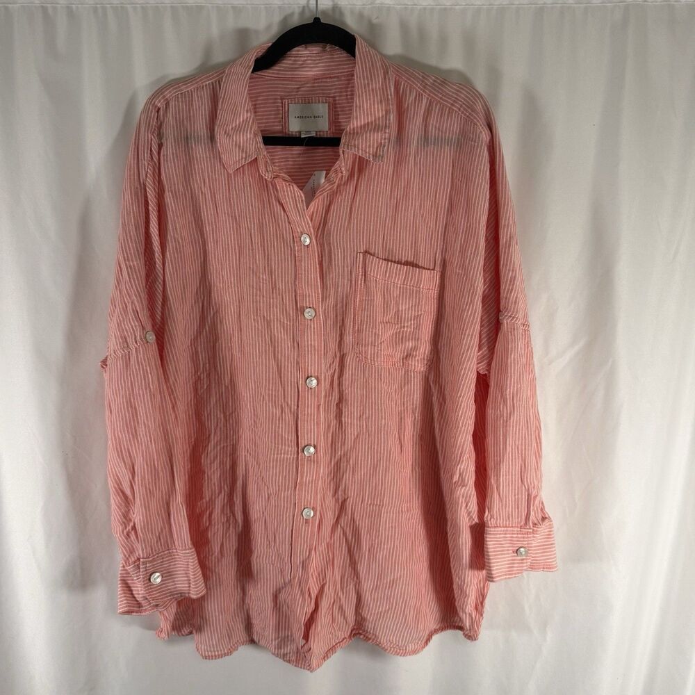 New American Eagle Button Down Shirt Women's Small Orange Striped Long Sleeve